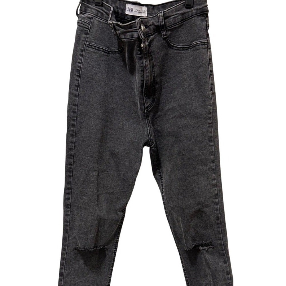 Zara Womens High Waisted Skinny Jeans Faded Black Distressed Knee Size 6 MEX 28